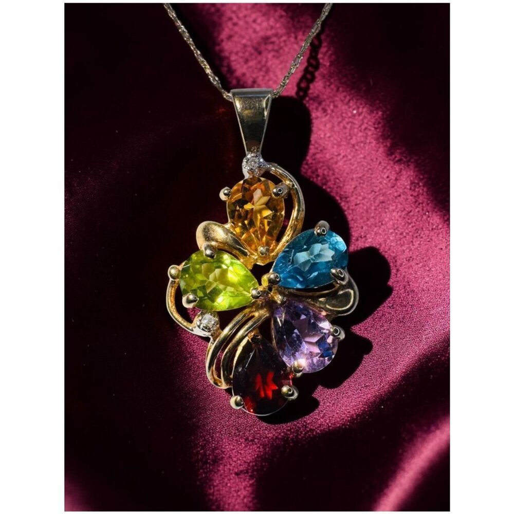 VINTAGE- 10K Gold -Multicolor Necklace -19" Natural Citrine Garnet Amethyst  -3g